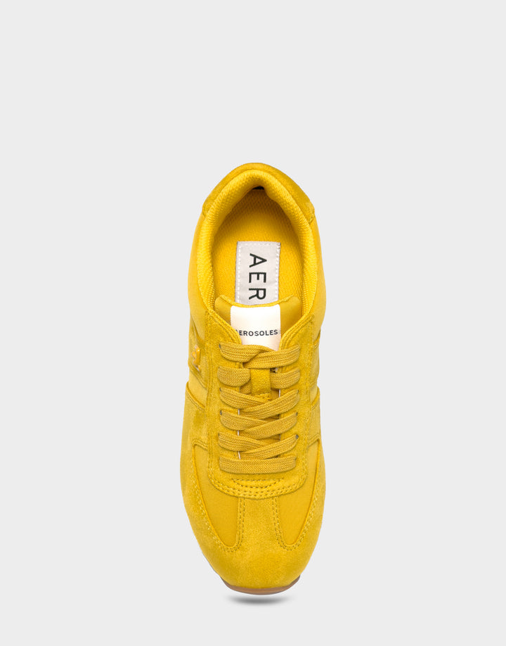 Comfortable Women's Lace Up Sneaker In Yellow Faux Suede Full Front View