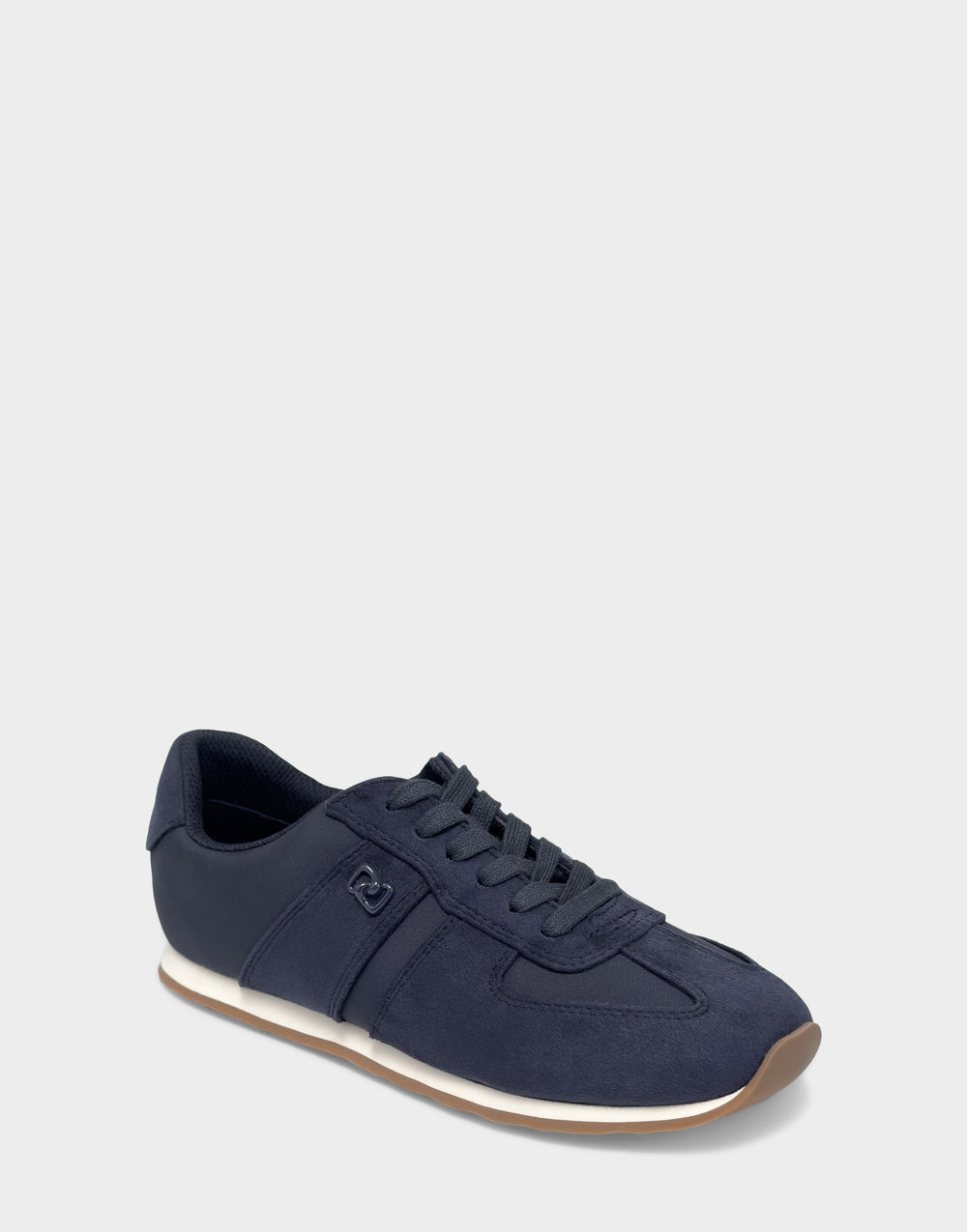 Comfortable Women's Lace Up Sneaker In Navy Faux Suede Side Angle View