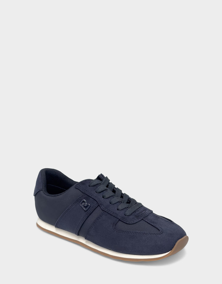 Comfortable Women's Lace Up Sneaker In Navy Faux Suede Side Angle View