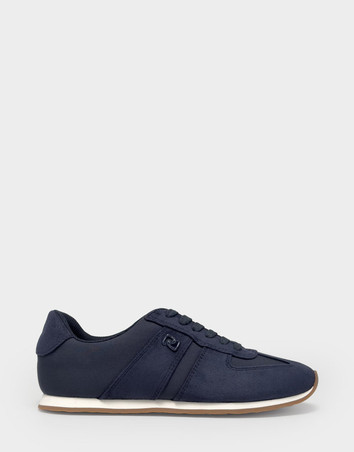 Comfortable Women's Lace Up Sneaker In Navy Faux Suede Side View