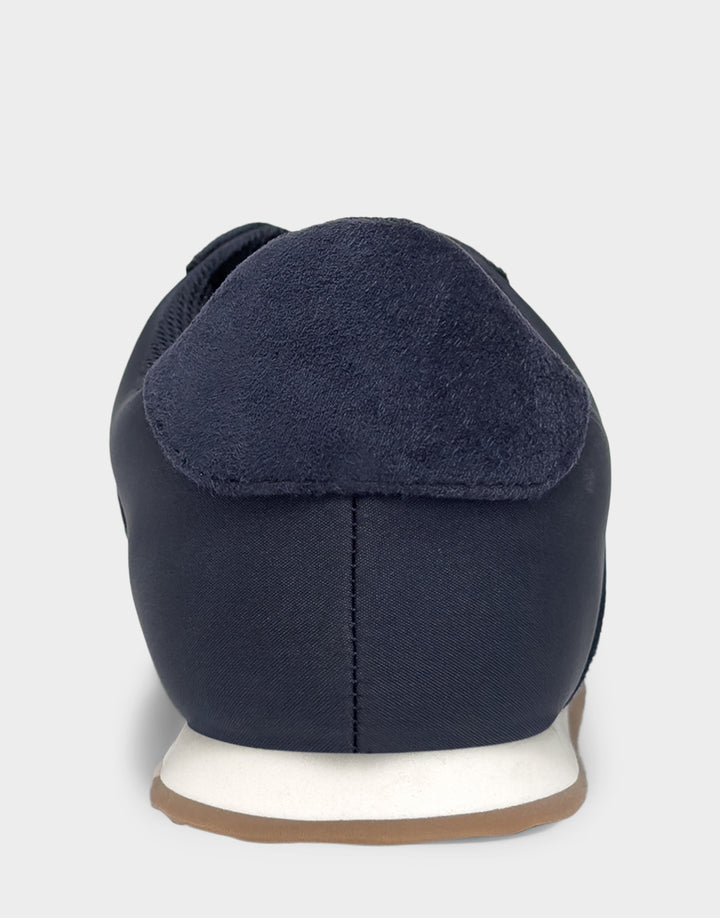 Comfortable Women's Lace Up Sneaker In Navy Faux Suede Back View