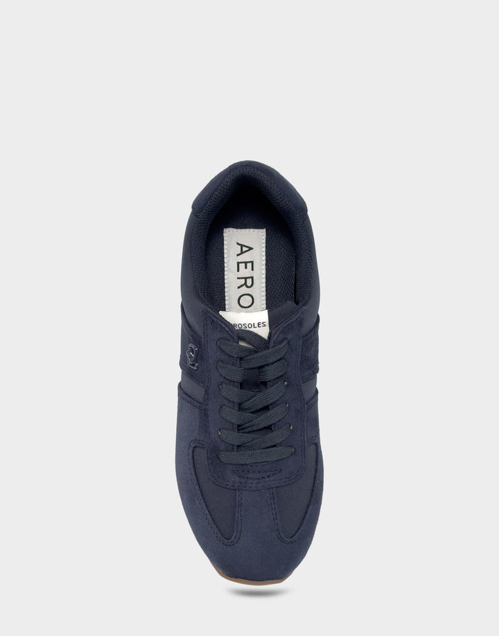 Comfortable Women's Lace Up Sneaker In Navy Faux Suede Full Front View