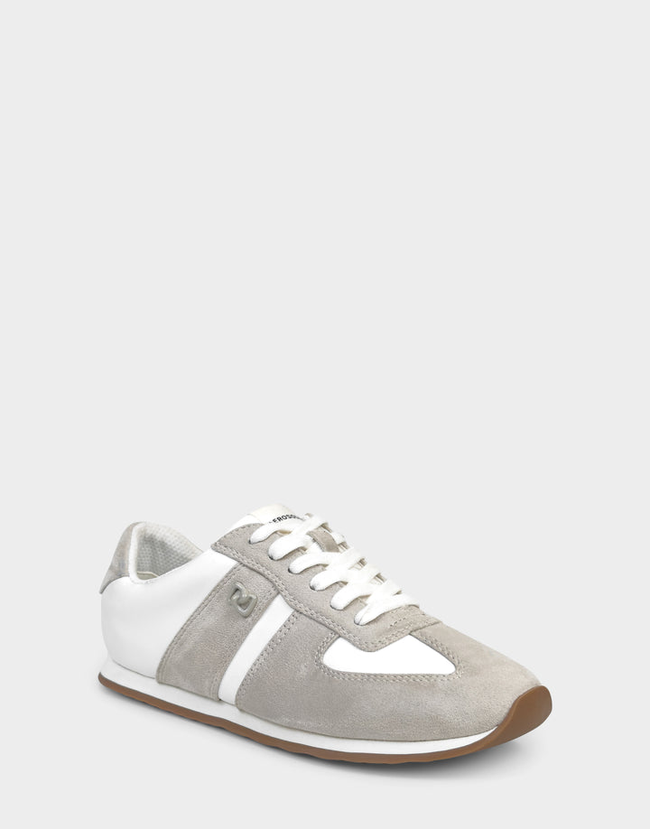 Comfortable Women's Lace Up Sneaker In White Faux Suede Side Angle View