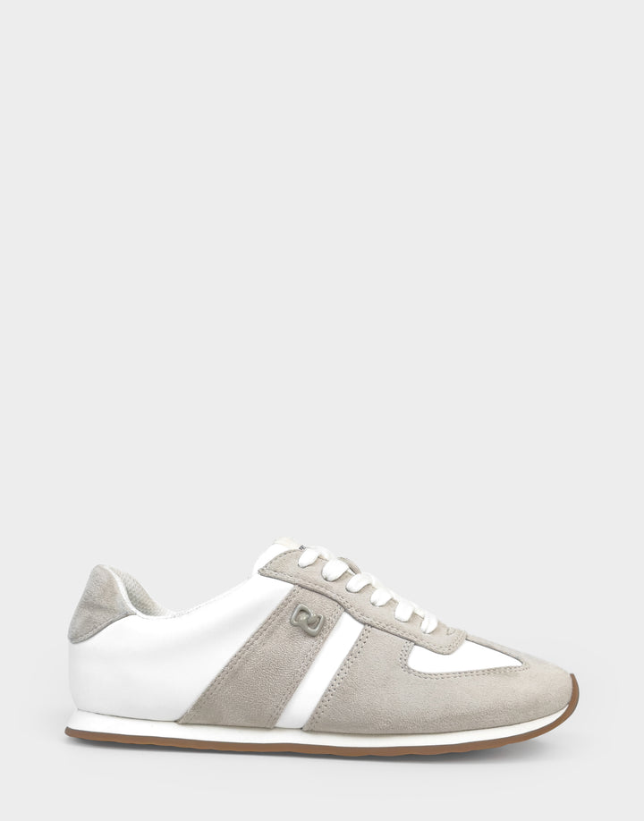 Comfortable Women's Lace Up Sneaker In White Faux Suede Side View