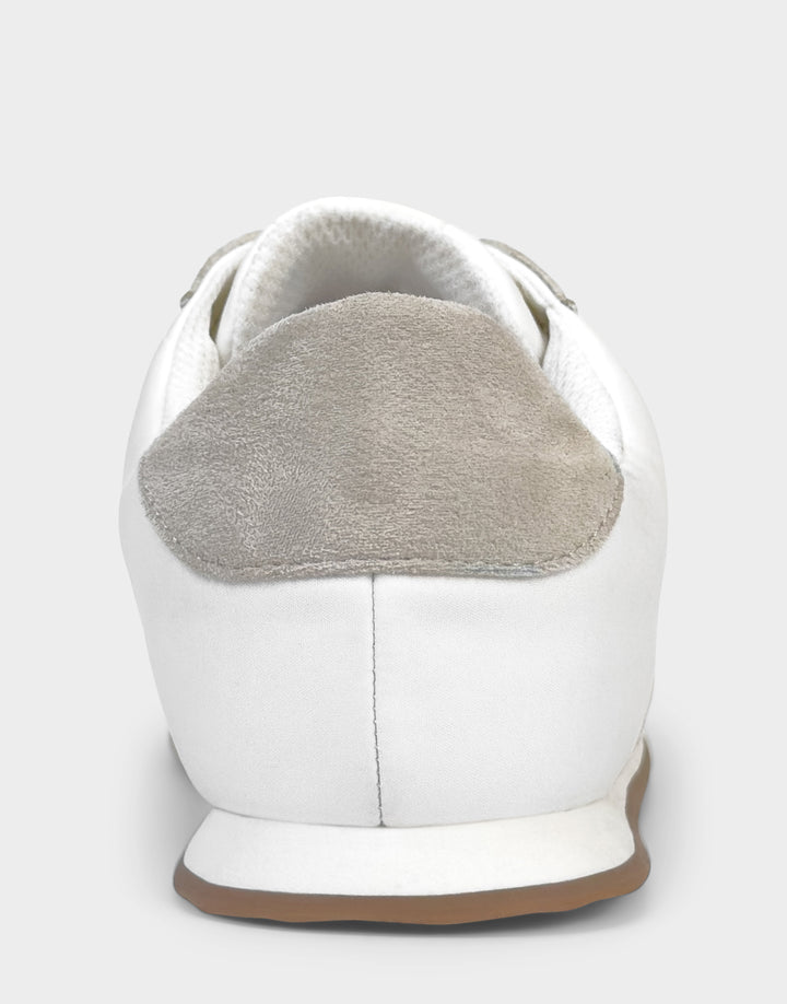 Comfortable Women's Lace Up Sneaker In White Faux Suede Back View