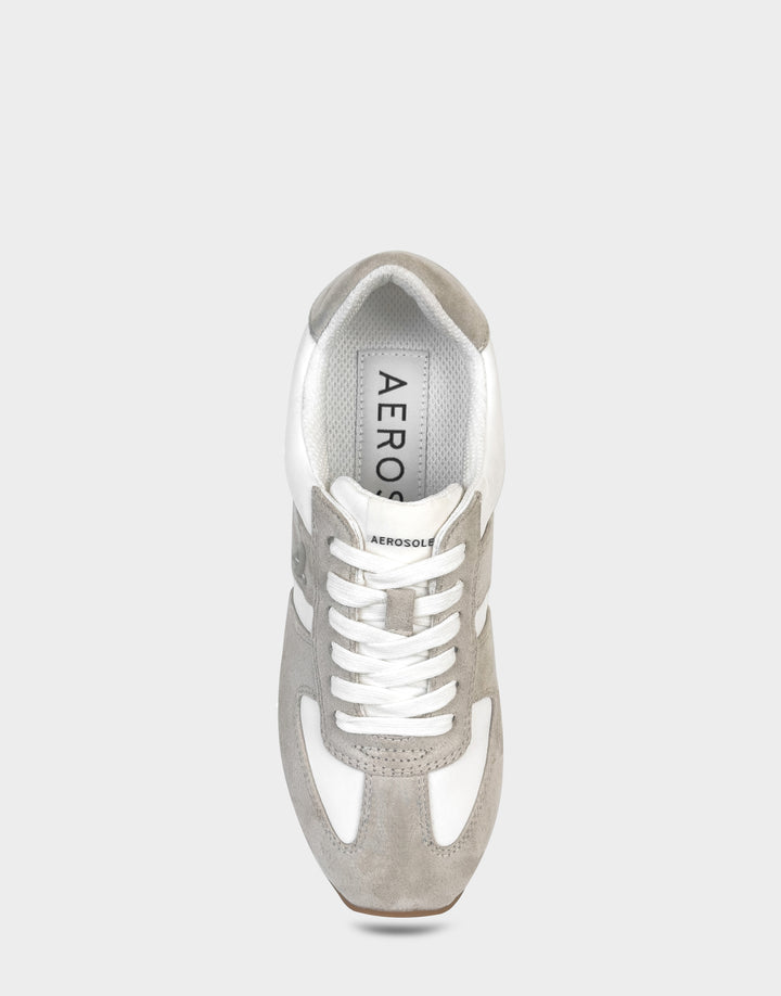 Comfortable Women's Lace Up Sneaker In White Faux Suede Full Front View