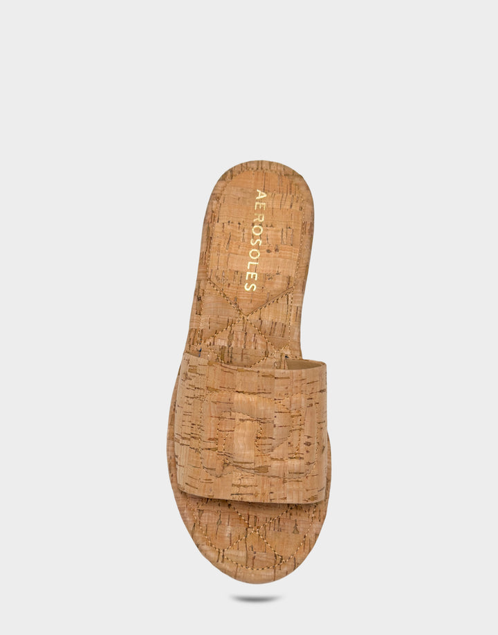 Comfortable Women's Flat Sandal in Natural Cork, top view 