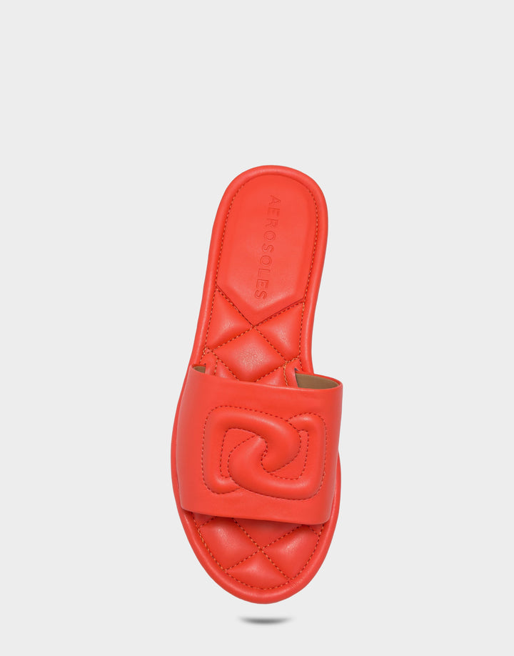 Comfortable Women's Flat Sandal in Orange Faux Soft Leather, top view 