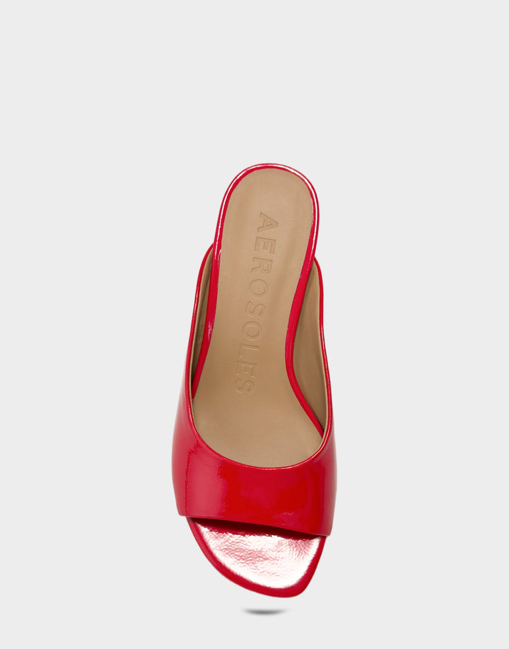 Comfortable Women's Heeled Sandal in Red Faux Crinkle Patent Full Front View