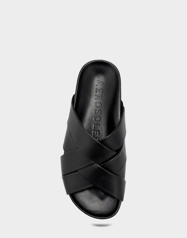 Comfortable Women's Footbed Sandal in Black Faux Leather Full Front View