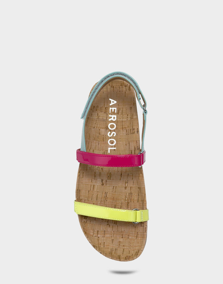 Comfortable Women's Footbed Sandal in Multi Faux Patent Full Front View