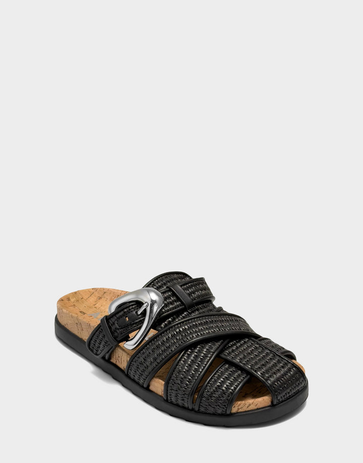 Comfortable Women's Mule in Black Basket Raffia Side Angle View