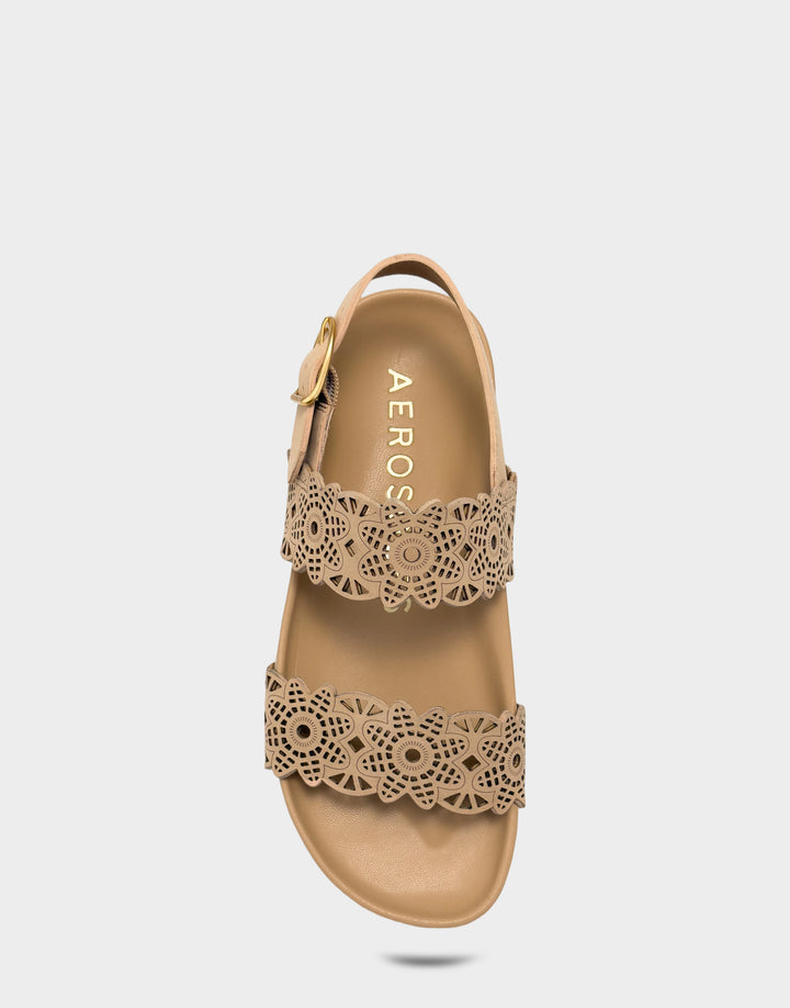 Comfortable Women's Footbed Sandal in Natural Perf Faux Nubuck Full Front View