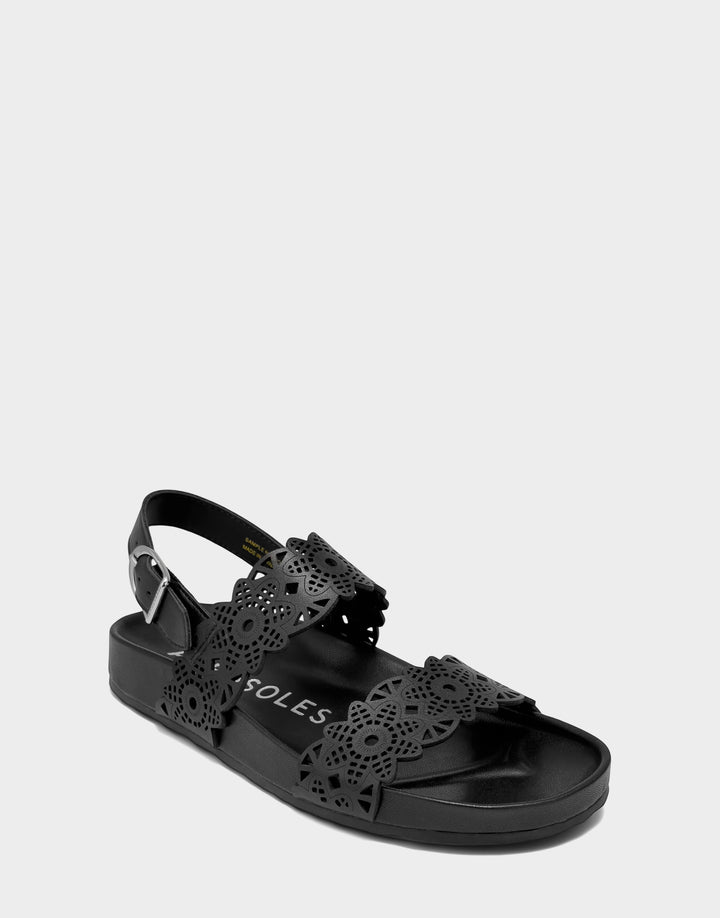 Comfortable Women's Footbed Sandal in Black Perf Faux Leather Side Angle View