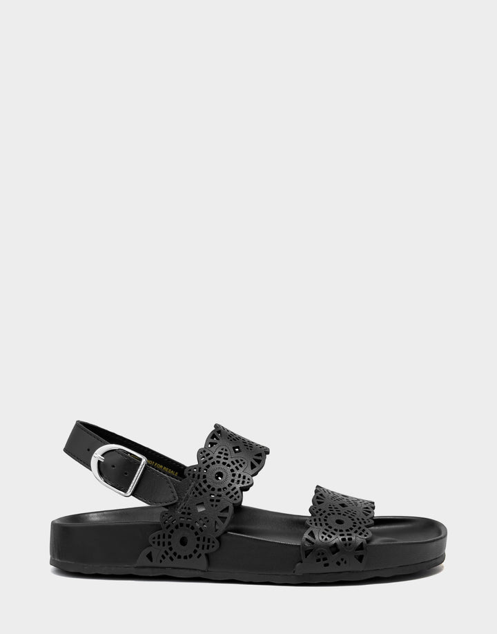Comfortable Women's Footbed Sandal in Black Perf Faux Leather Side View