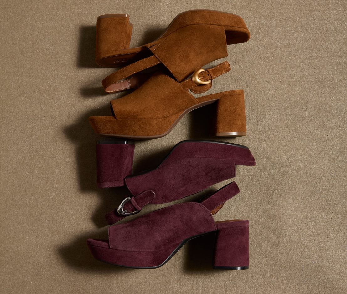 suede platform open toe heels tobacco color and burgundy stacked on flat surface