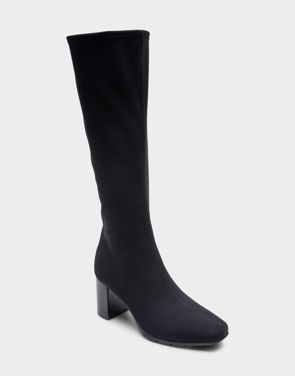 Comfortable Women's Tall Shaft Boot in Black Stretch Faux Suede Side Angle View