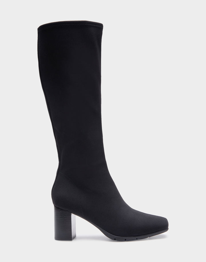 Comfortable Women's Tall Shaft Boot in Black Stretch Faux Suede Side View