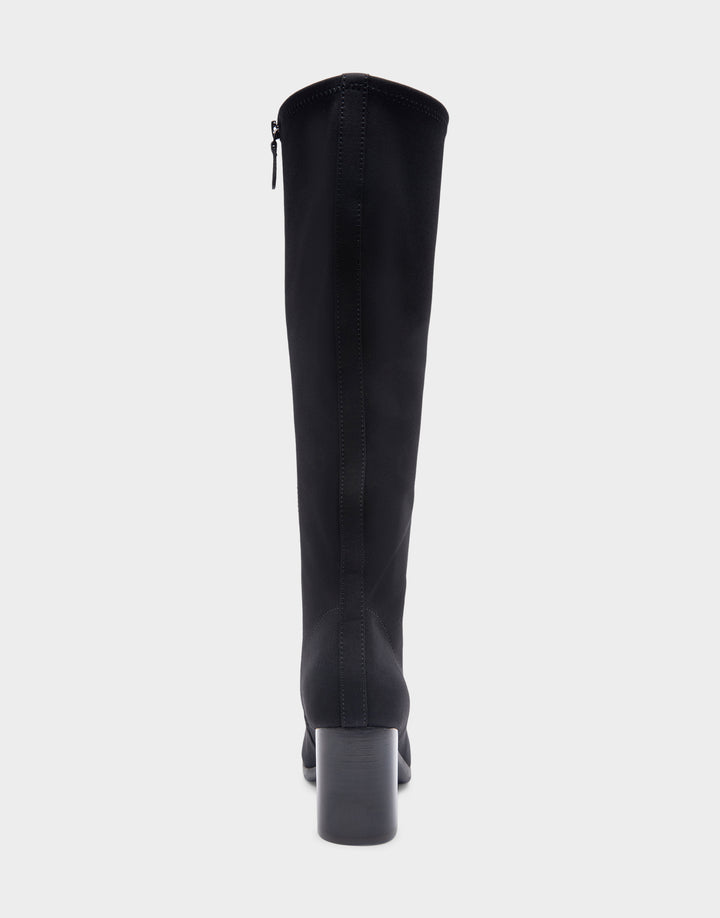 Comfortable Women's Tall Shaft Boot in Black Stretch Faux Suede Back View