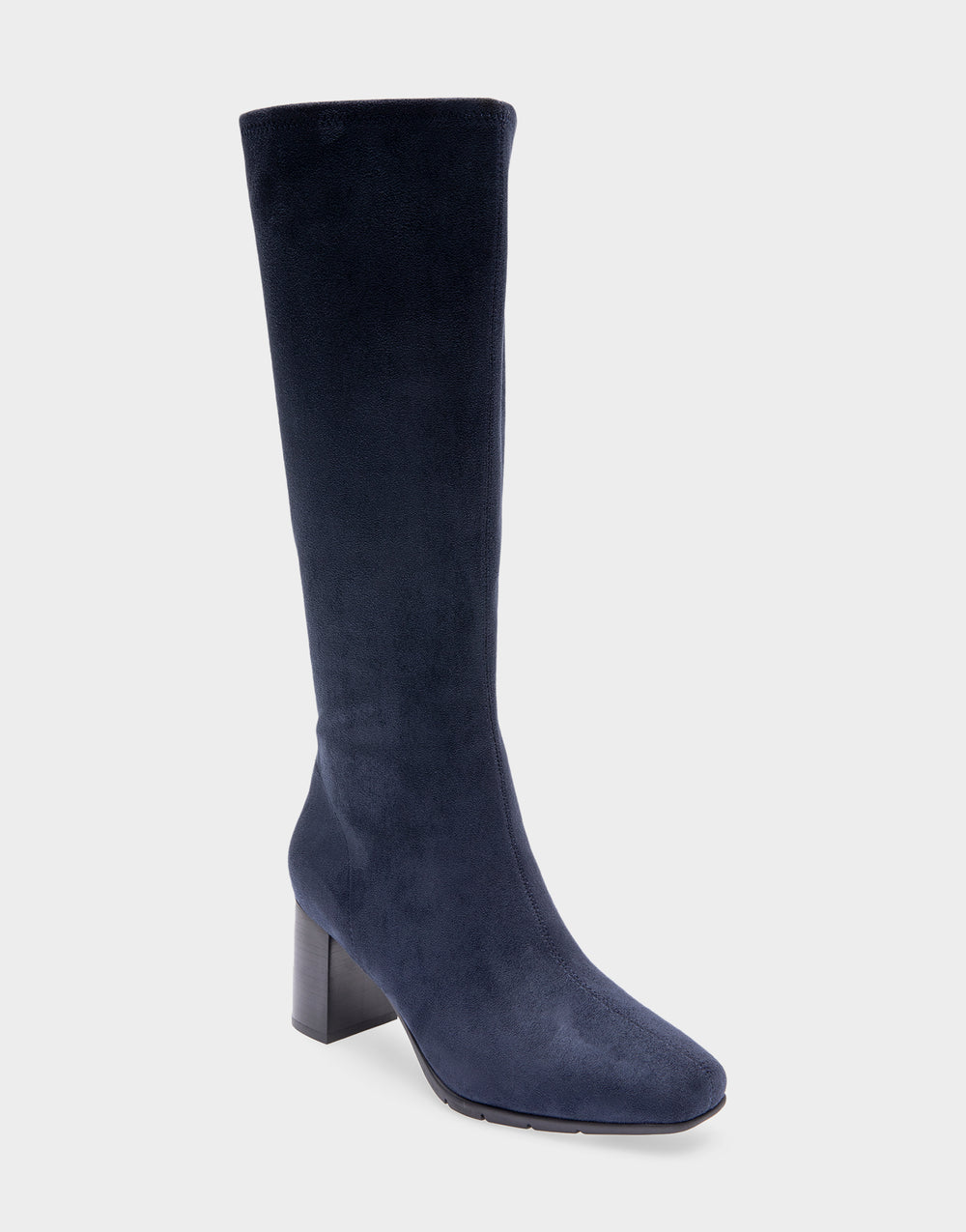 Comfortable Women's Tall Shaft Boot in Navy Stretch Faux Suede Faux Suede Side Angle View