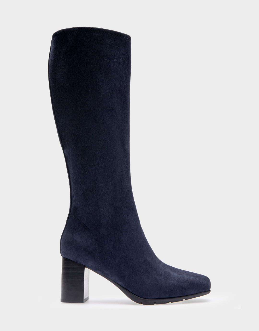 Comfortable Women's Tall Shaft Boot in Navy Stretch Faux Suede Faux Suede Side View