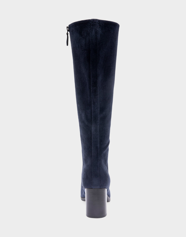 Comfortable Women's Tall Shaft Boot in Navy Stretch Faux Suede Faux Suede Back View