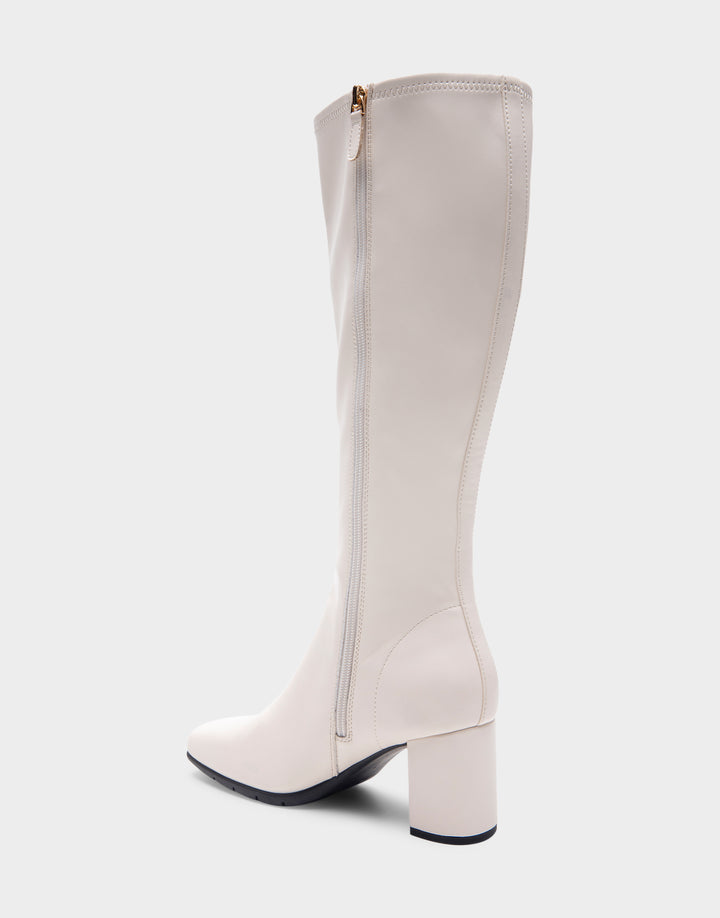 Comfortable Women's Tall Shaft Boot in Eggnog Stretch Faux Leather Zipper Side View