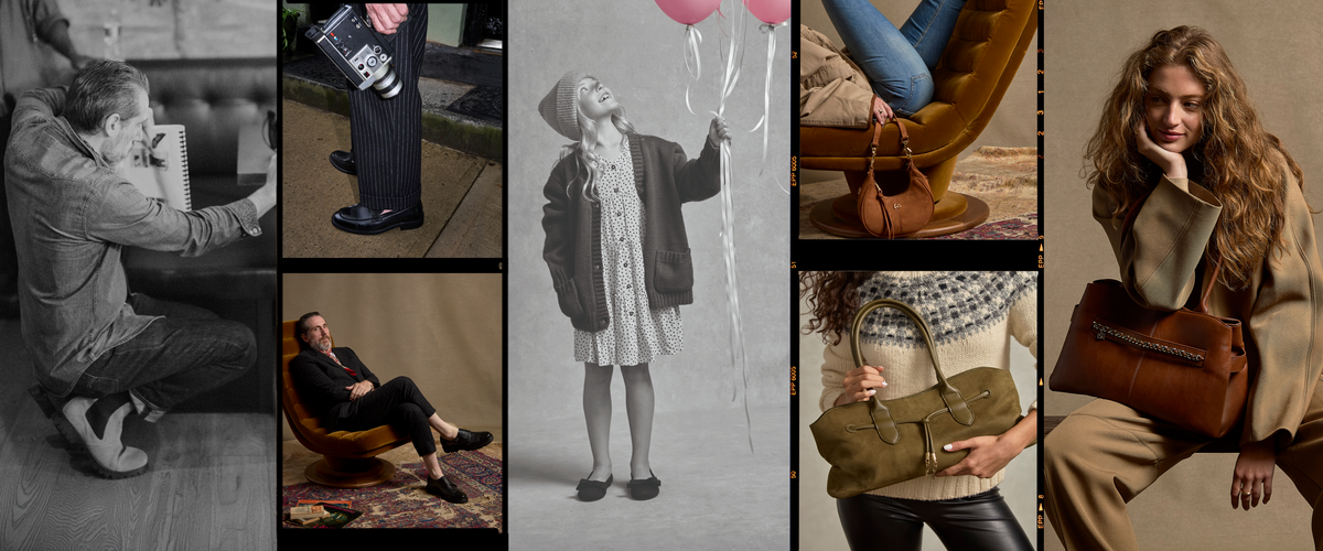 A collage of seven fashion lifestyle photographs featuring models wearing and carrying various designer handbags. The images showcase a range of styles, including a black-and-white portrait, a model in a chair holding pink balloons, a model in a brown leather chair, and a model carrying a green shoulder bag.