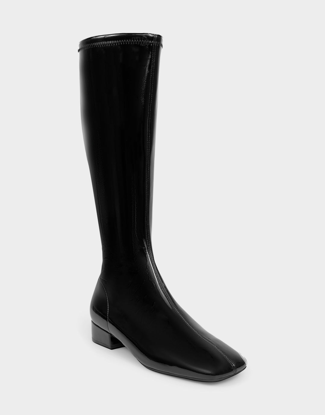 Comfortable Women's Nana Low Block Heel Boot In Black Patent Faux Leather, angle view