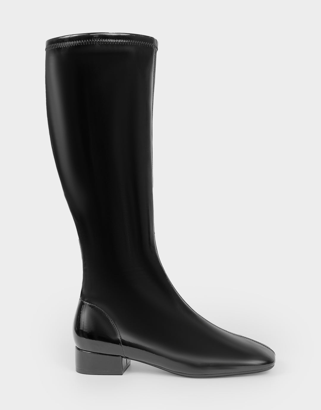 Comfortable Women's Nana Low Block Heel Boot In Black Patent Faux Leather, side view