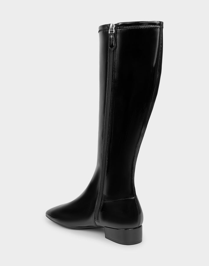Comfortable Women's Nana Low Block Heel Boot In Black Patent Faux Leather, back angle view