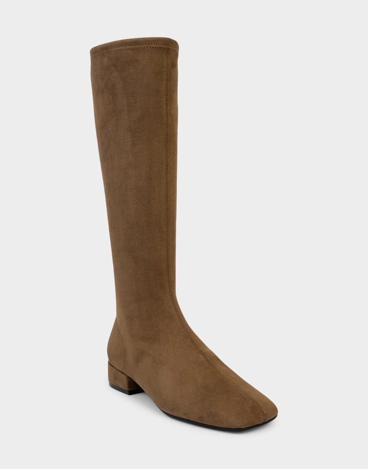 Comfortable Women's Nana Low Block Heel Boot In Brown Faux Suede, angle view