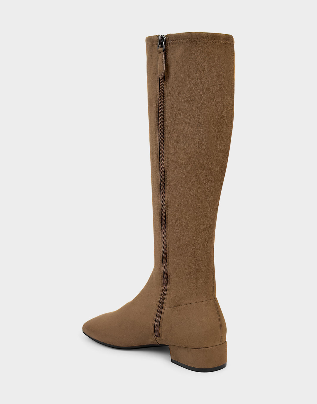 Comfortable Women's Nana Low Block Heel Boot In Brown Faux Suede, back angle view