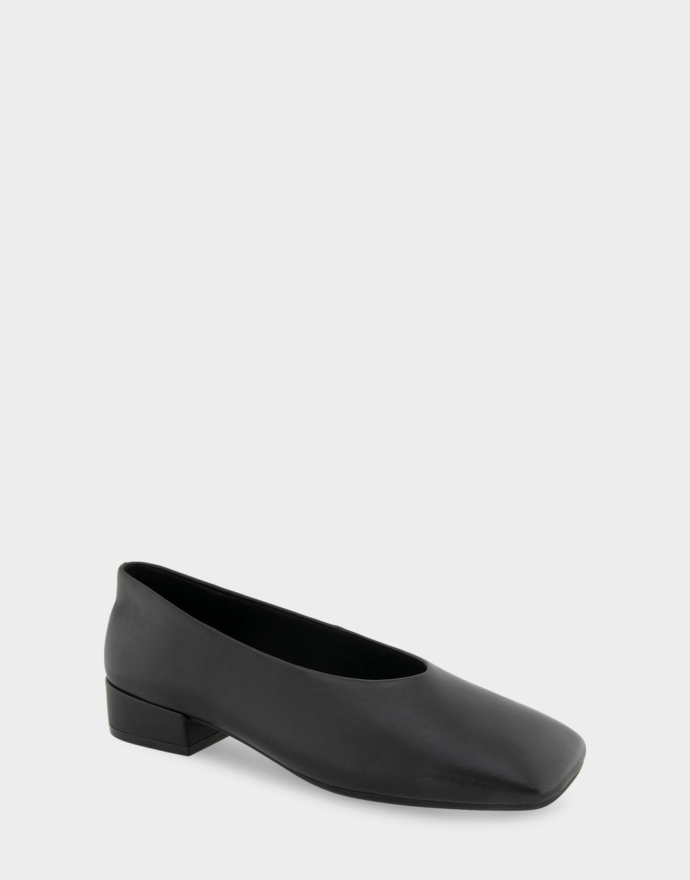Comfortable Women's Nannie Square Toe Flat In Black Leather, angle view