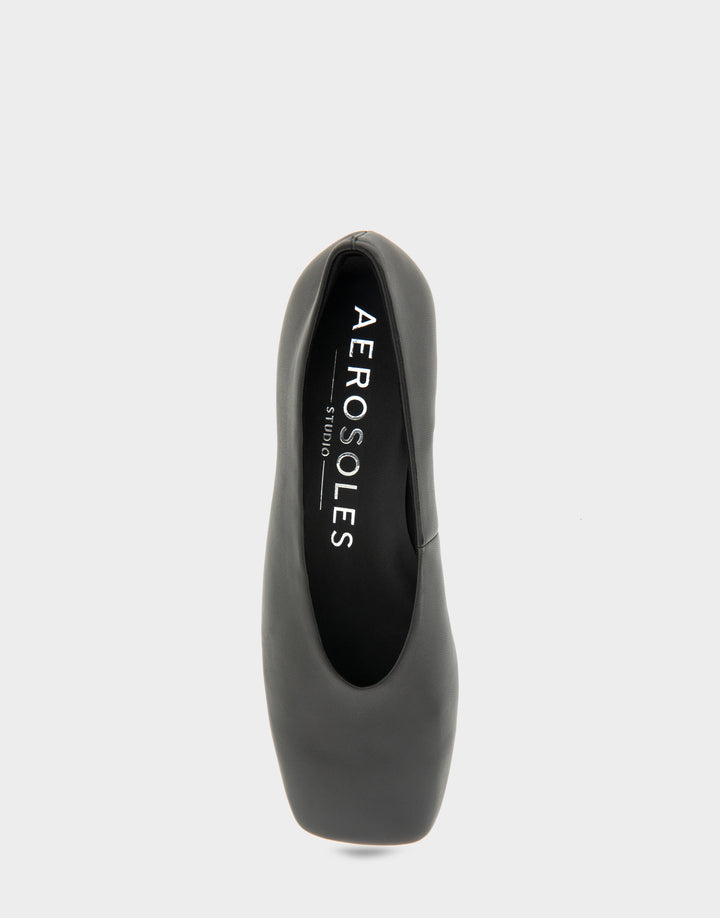 Comfortable Women's Nannie Square Toe Flat In Black Leather, top view