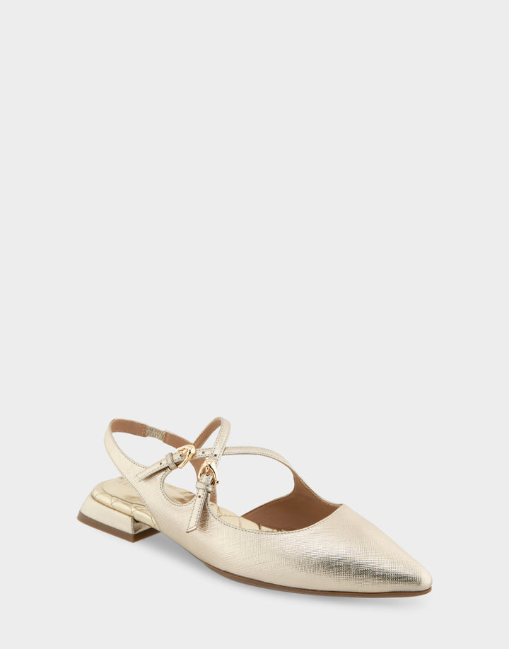Comfortable Women's Napoli Slingback Flats in Gold Metallic Textured Faux Leather, angle view