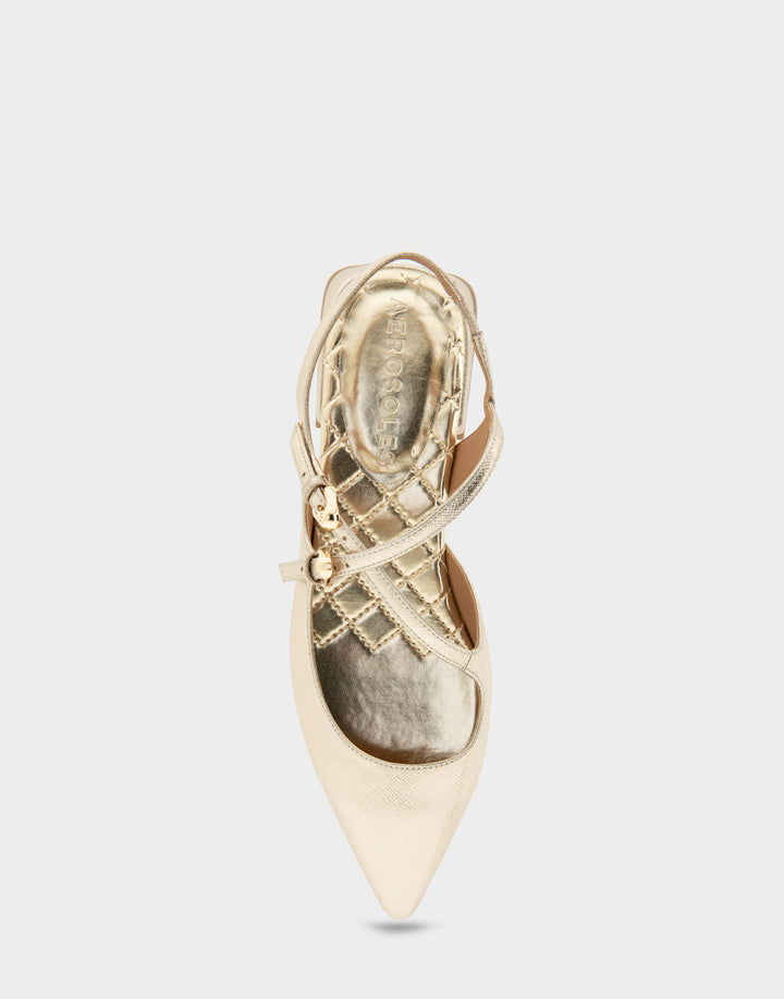 Comfortable Women's Napoli Slingback Flats in Gold Metallic Textured Faux Leather, top view