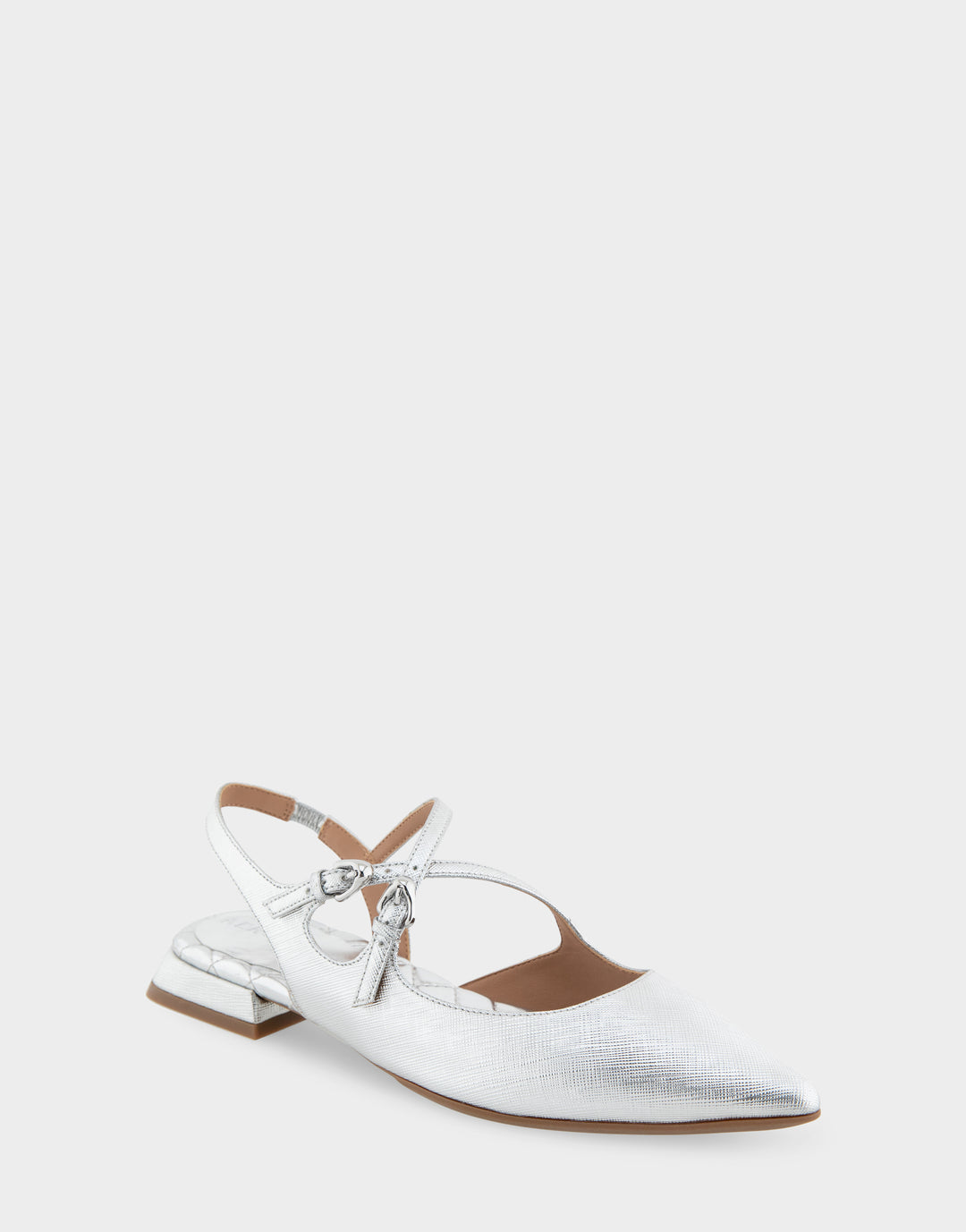 Comfortable Women's Napoli Slingback Flats in Silver Metallic Textured Faux Leather, angle view