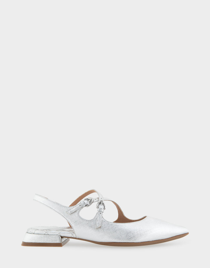 Comfortable Women's Napoli Slingback Flats in Silver Metallic Textured Faux Leather, side view