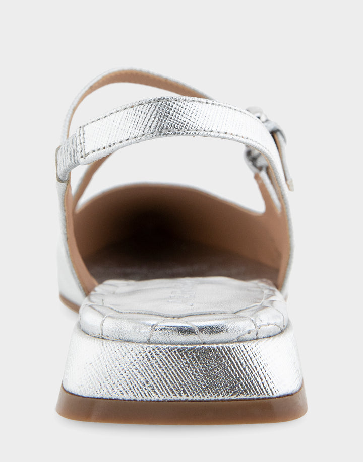 Comfortable Women's Napoli Slingback Flats in Silver Metallic Textured Faux Leather, back view