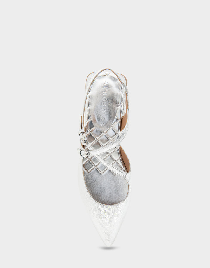 Comfortable Women's Napoli Slingback Flats in Silver Metallic Textured Faux Leather, top view