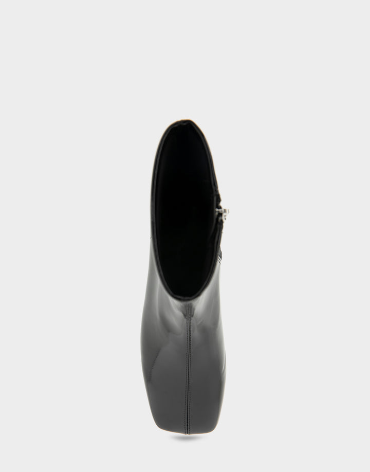 Comfortable Women's Nina Low Block Heel Bootie In Black Patent Faux Leather, top view