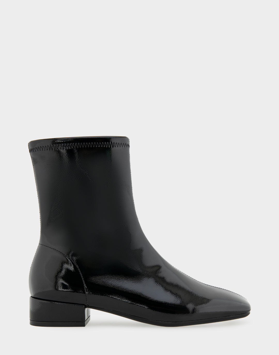 Comfortable Women's Nina Low Block Heel Bootie In Black Patent Faux Leather, side view