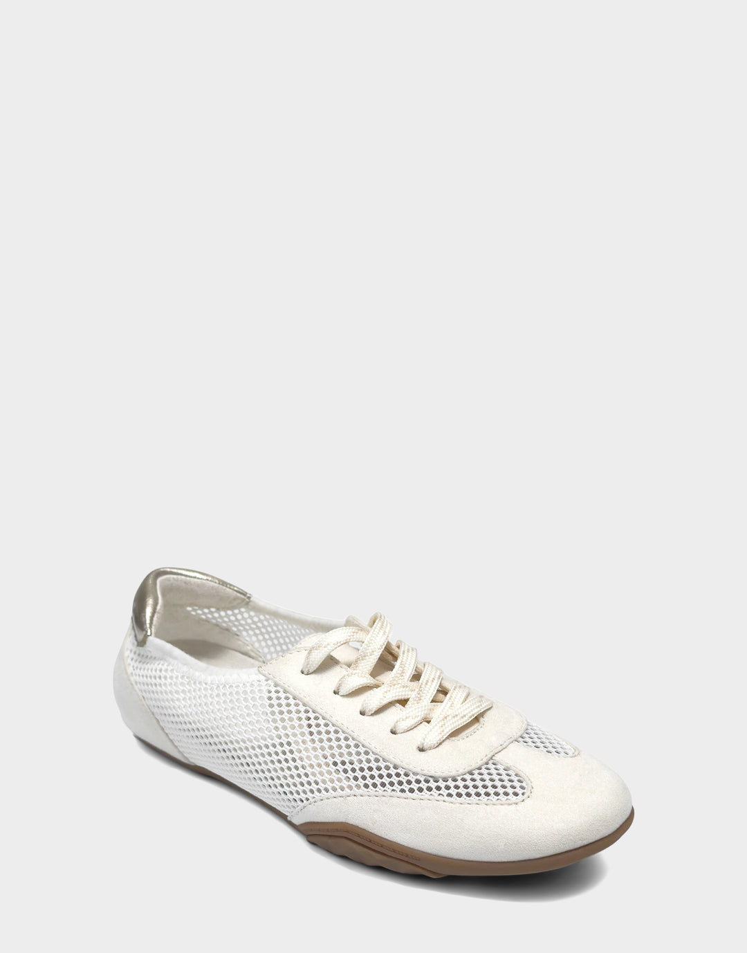 Comfortable Women's Sneaker in Cream Mesh/faux Suede Side Angle View