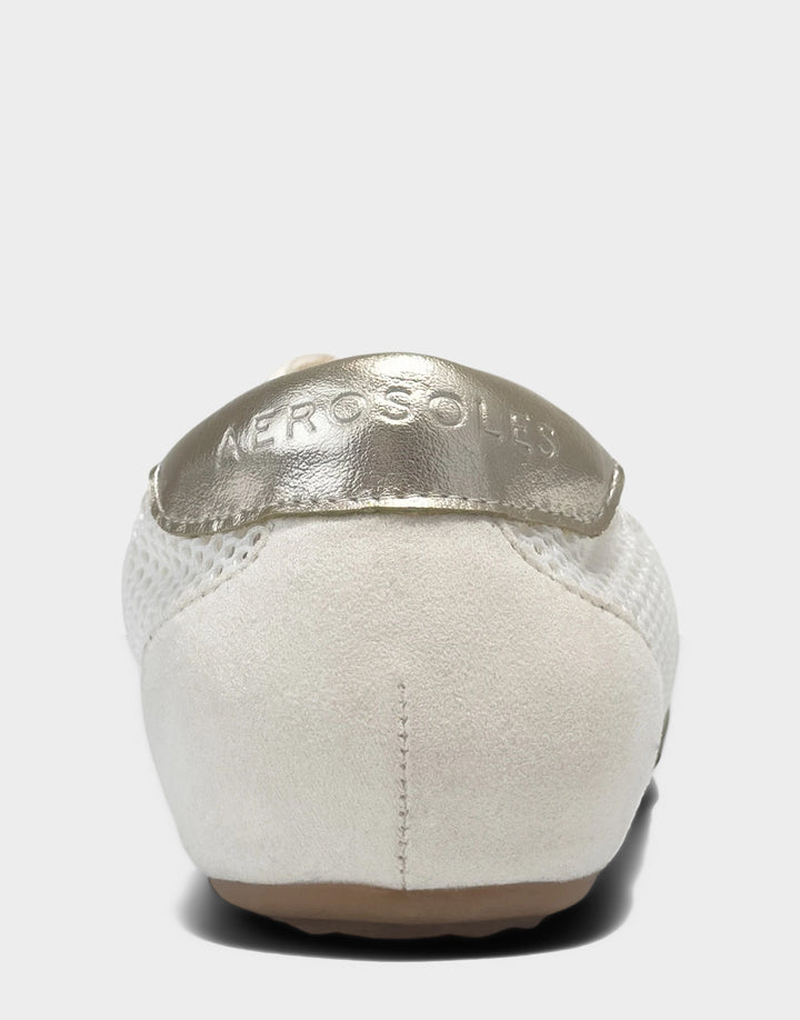 Comfortable Women's Sneaker in Cream Mesh/faux Suede Back View