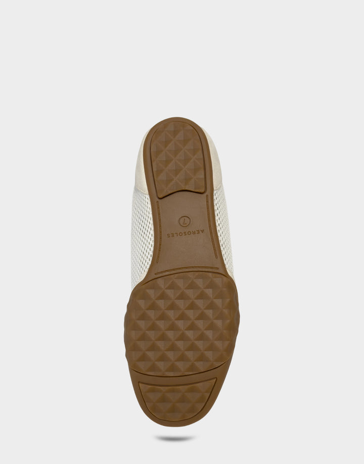 Comfortable Women's Sneaker in Cream Mesh/faux Suede Bottom View