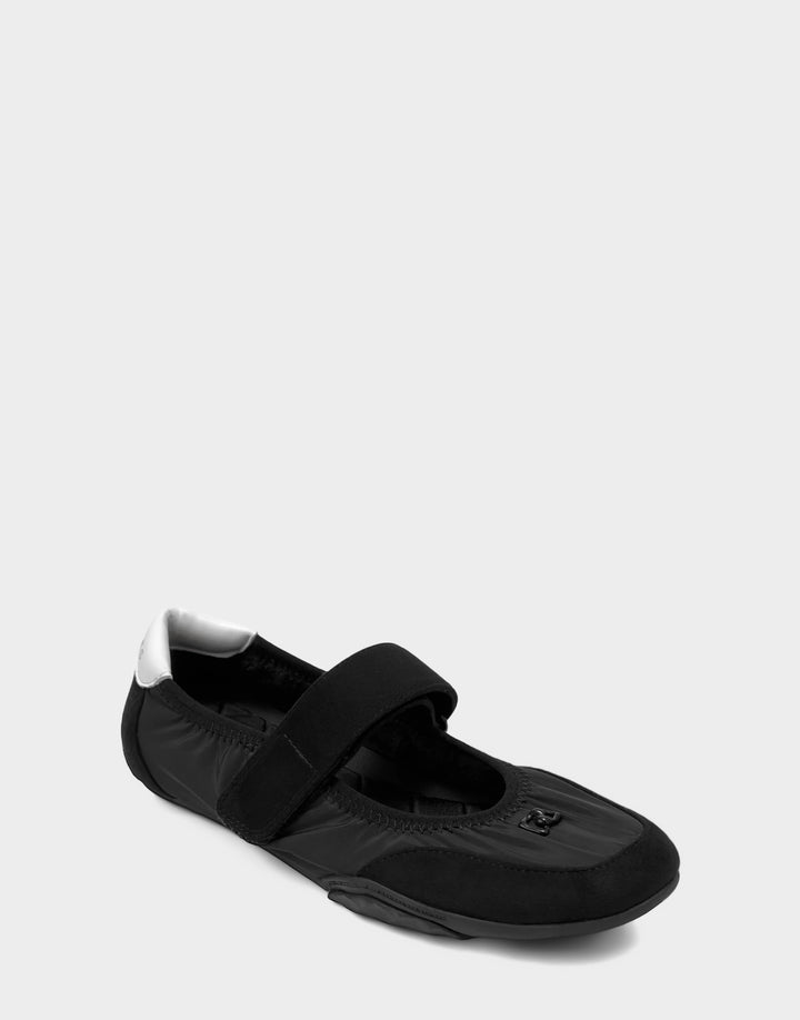 Comfortable Women's Sneaker in Black Nylon/faux Suede Side Angle View
