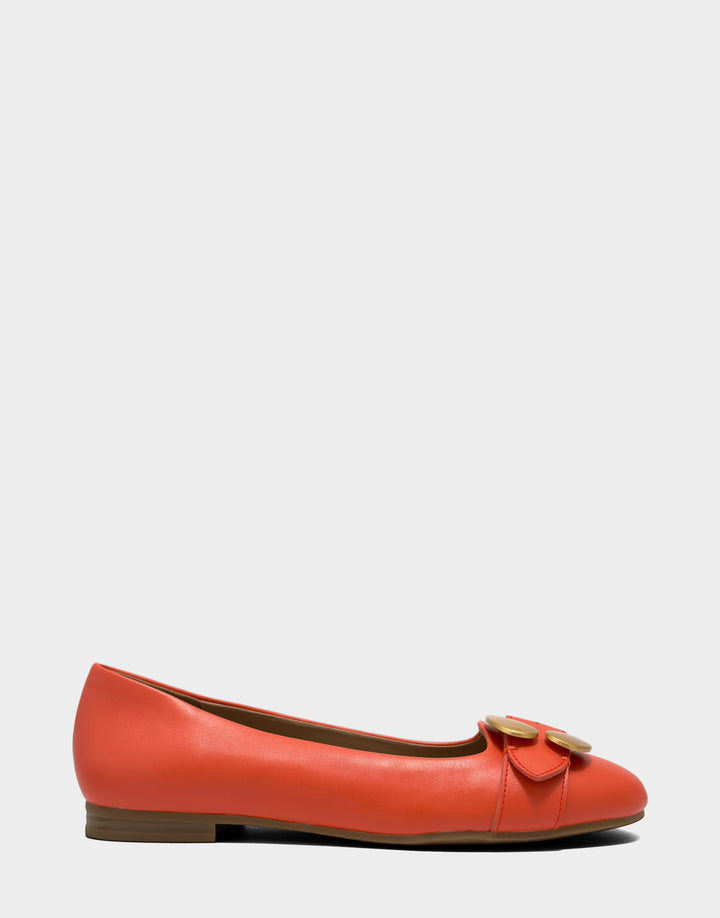 Comfortable Women's Casual Flat in Orange Faux Soft Leather, side view 