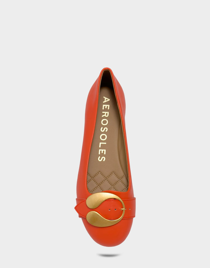 Comfortable Women's Casual Flat in Orange Faux Soft Leather, top view 