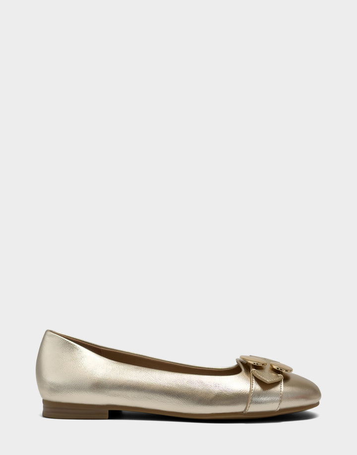 Comfortable Women's Casual Flat in Soft Gold Faux Metallic Leather, side view 